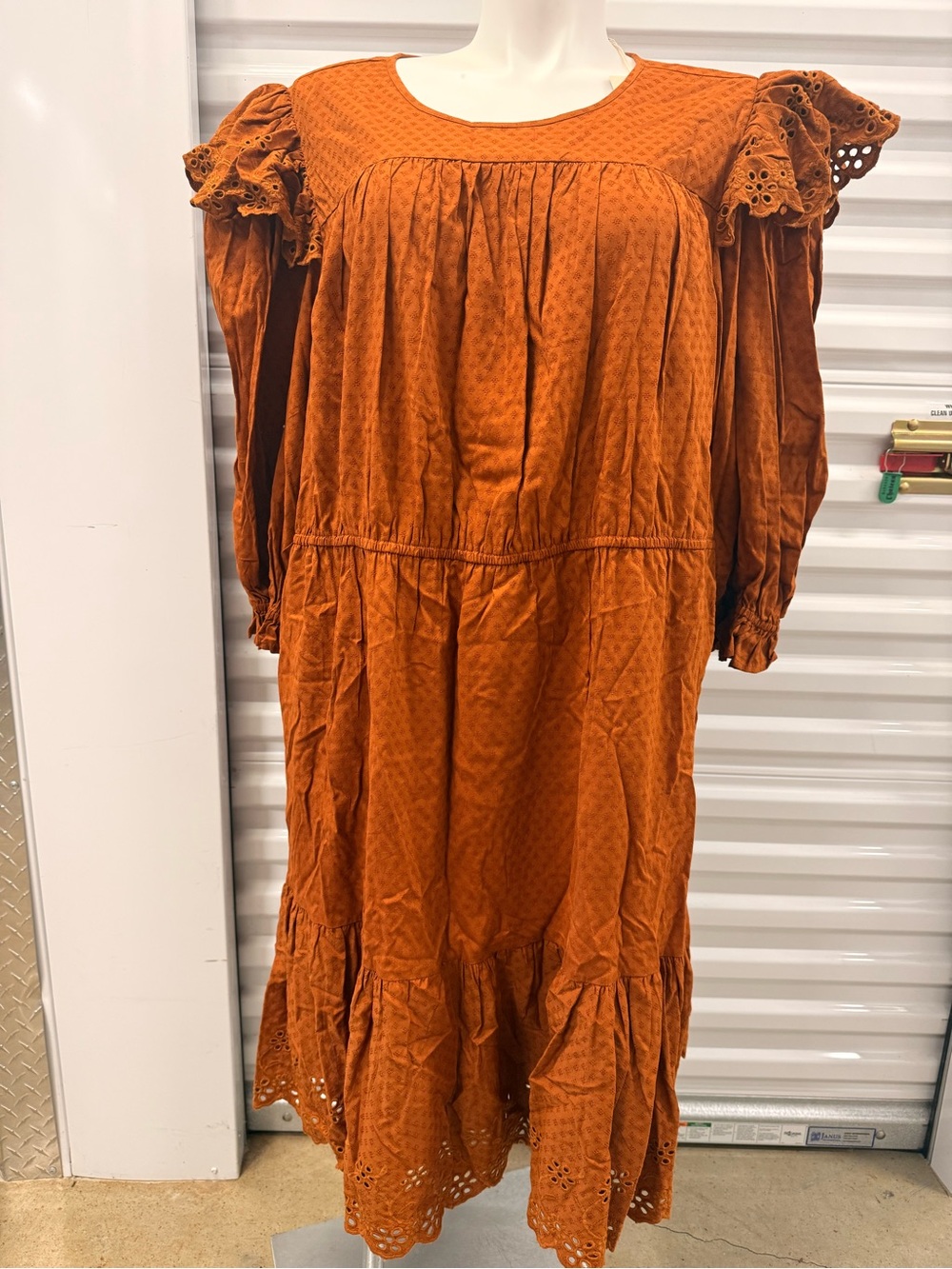 Universal Thread Burnt Orange Eyelet Ruffle Long Sleeve Midi Dress